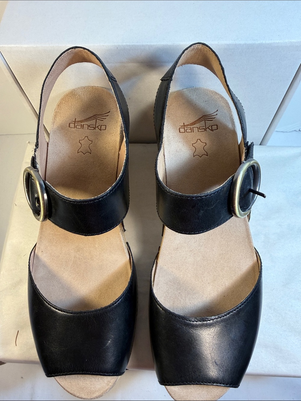 Dansko Black Leather Slingback Sandals with Gold Buckle - Picture 2 of 5